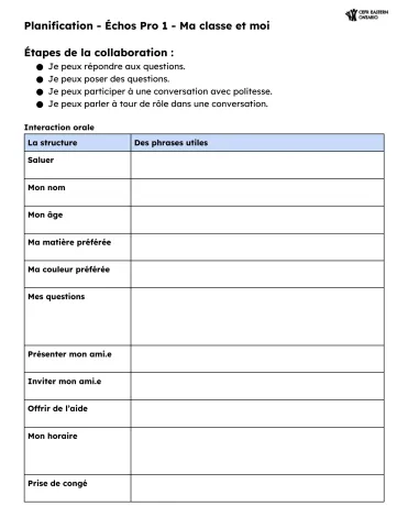 Fiche élève  : Interaction orale. Échos Pro 1 – Ma classe et moi [Collection Welcoming a New Student to the Class - AO Scenario - (A1) G4-CF]