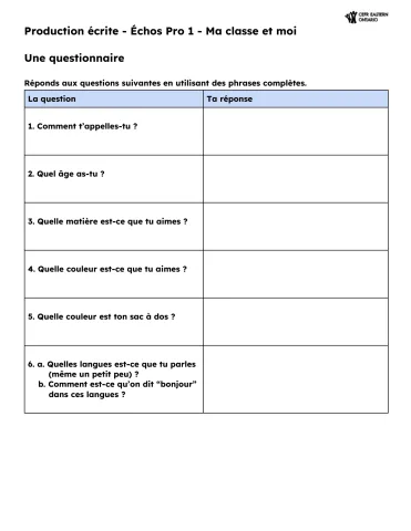 Fiche élève : Production écrite. Échos Pro 1 – Ma classe et moi [Collection Welcoming a New Student to the Class - AO Scenario - (A1) G4-CF]