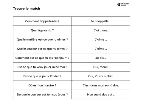 Fiche élève : Trouve le match – Questions et réponses [Collection Welcoming a New Student to the Class - AO Scenario - (A1) G4-CF]