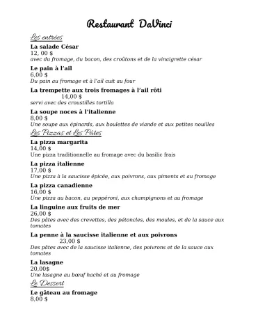 Commander d'un menu - Restaurant DaVinci - activité d'écoute et d'interaction orale