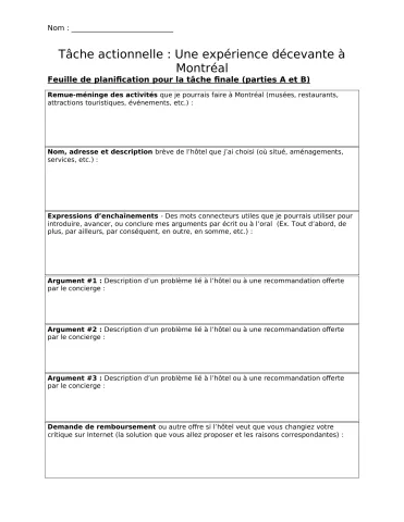 Scénario actionnel Une expérience décevante à Montréal - Student planning sheet for Final Tasks A and B