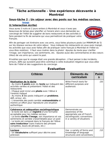 Scénario actionnel Une expérience décevante à Montréal - Sous-tâche 2