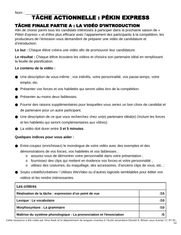 Scénario actionnel Poser sa candidature pour "Pékin Express" - Tâche finale Partie A