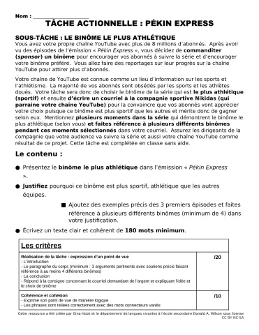 Scénario actionnel Poser sa candidature pour "Pékin Express" - Sous-tâche avec 2 options