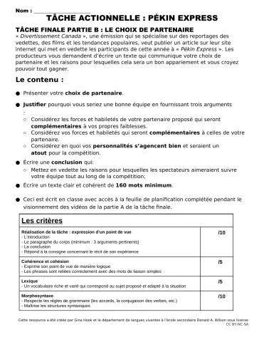 Scénario actionnel Poser sa candidature pour "Pékin Express" - Tâche finale Partie B