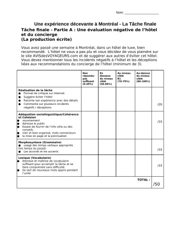 Scénario actionnel Une expérience décevante à Montréal - Tâche finale Partie A