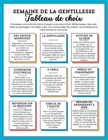 Semaine de la gentillesse – Tableau de choix